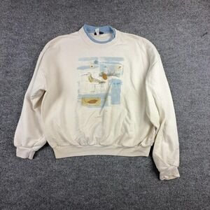 VTG Trilogy Shirt Womens Large White Beach Seagull Lighthouse Fleece Sweatshirt